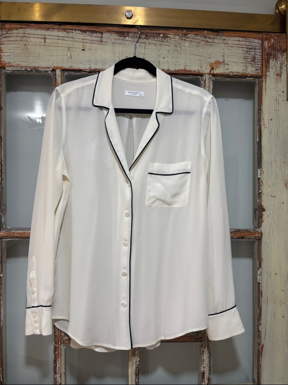 Equipment Ivory Silk Blouse with Black Piping